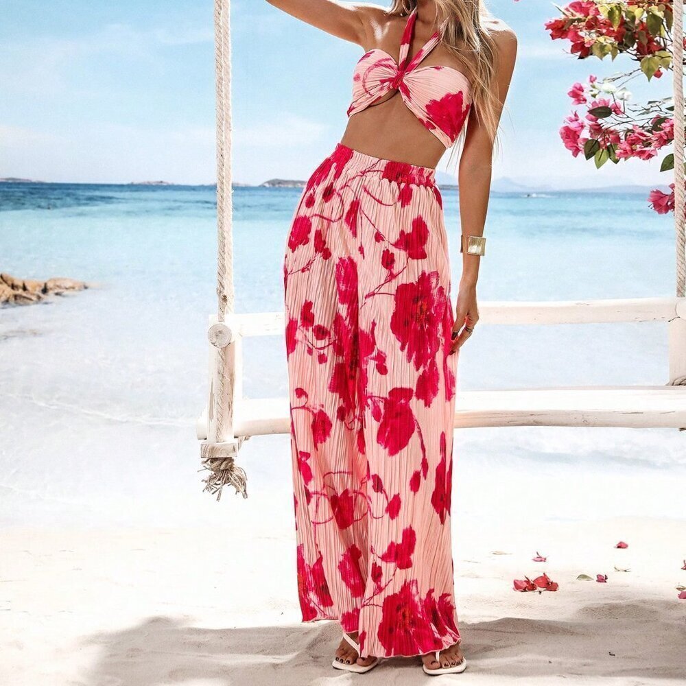 Pink Boho Women's Pleated Crop Top w/Halter Neckline & High Waist Wide Leg Pants